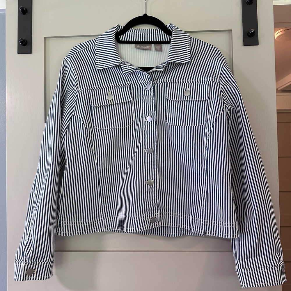 NWOT Chico's Navy and White Striped Jean Jacket Size 1